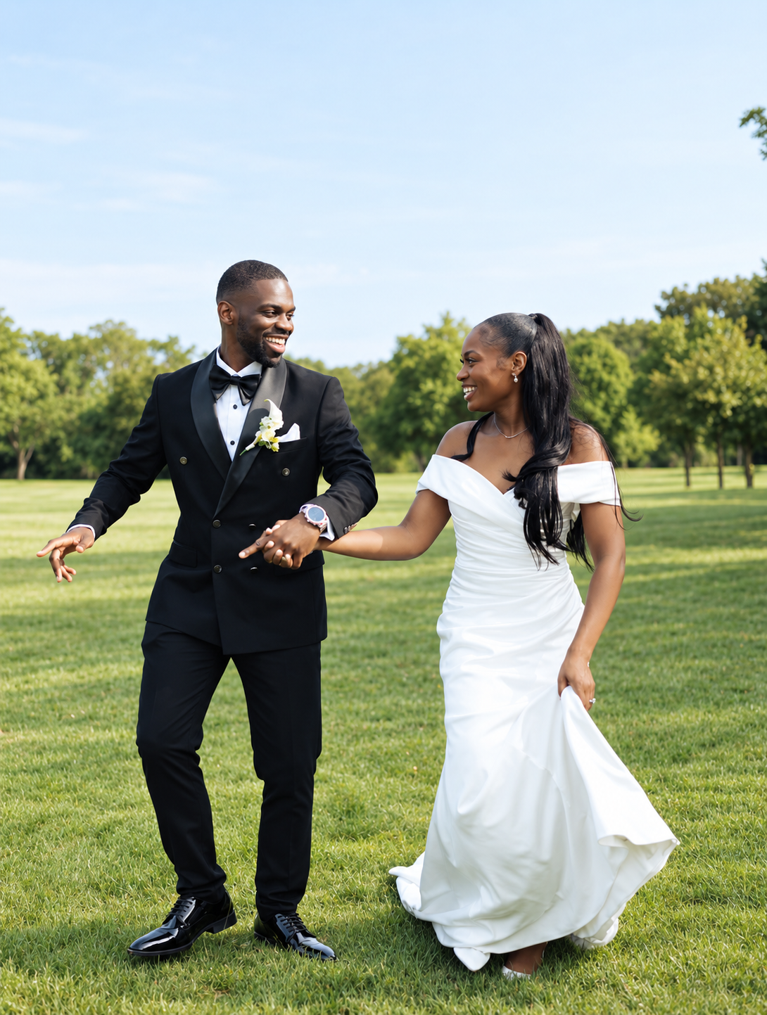 Newlyweds laughing together on the lawn after their wedding ceremony